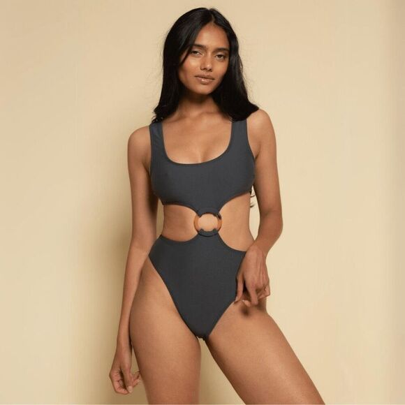 Montce Women's Charcoal Ky Rib Cutout One Piece Swimsuit Large NWT - Picture 1 of 8